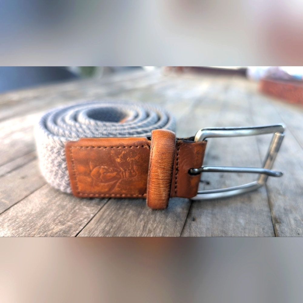 Penguin Munsingwear Gray Stretch Woven Cotton Brown Leather Belt Men’s Size 38